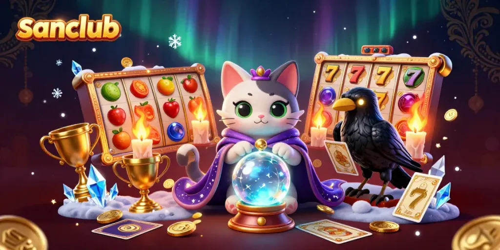 Experience thrilling gameplay with sanclub's mystical fortune teller, raven, and vibrant slot elements.