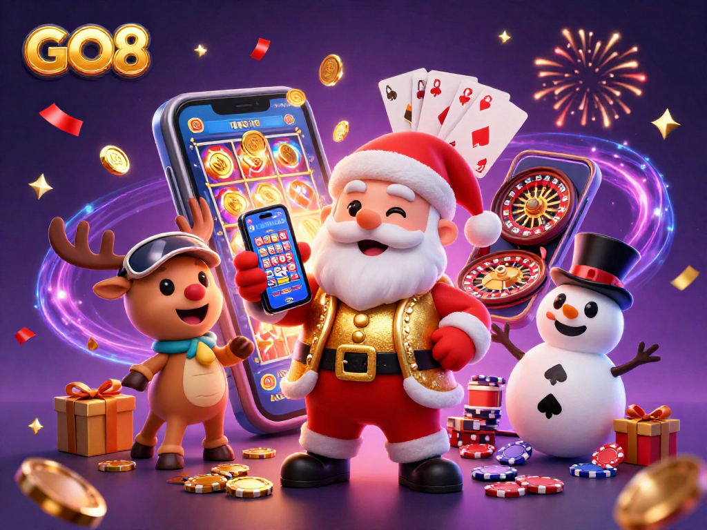Engage with GO8's thrilling casino action showing Santa, a reindeer dealer, and a chip-top hat snowman.