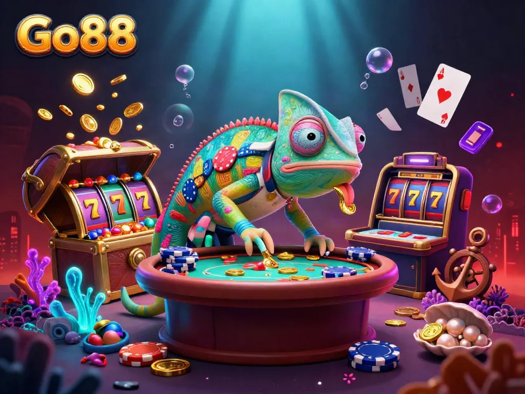 Experience the thrilling Go88 casino scene with a vibrant chameleon owner amidst a treasure-filled underwater backdrop.