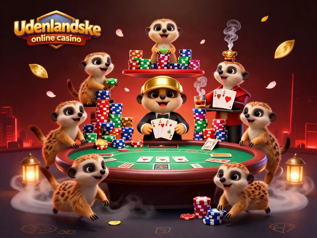 Exciting scene of meerkats managing a lively casino, embodying the spirit of udenlandske online casino gaming.