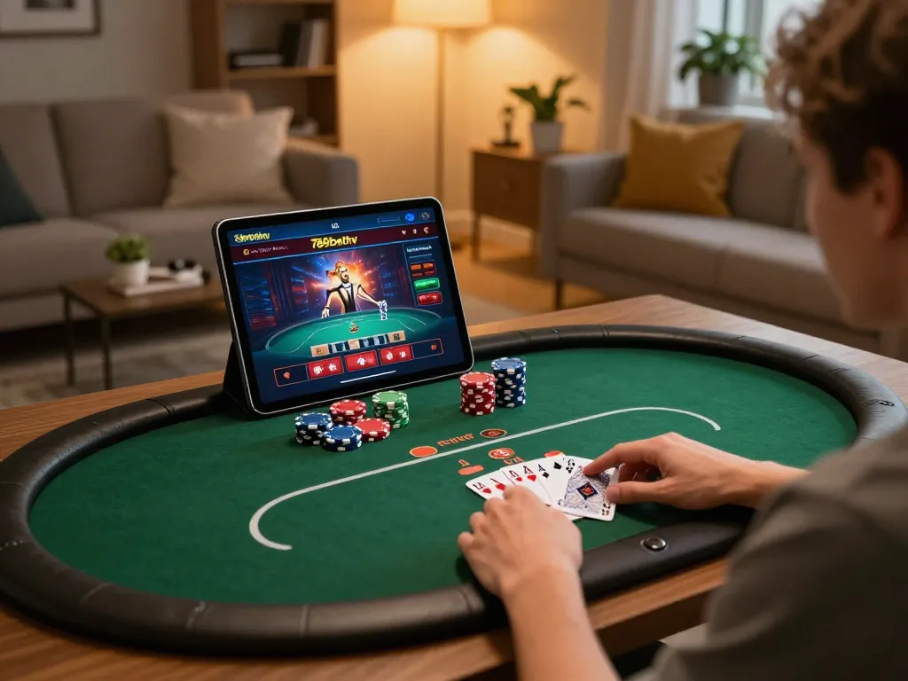Engaging with 789bethv's casino interface on a tablet in a stylish home setting
