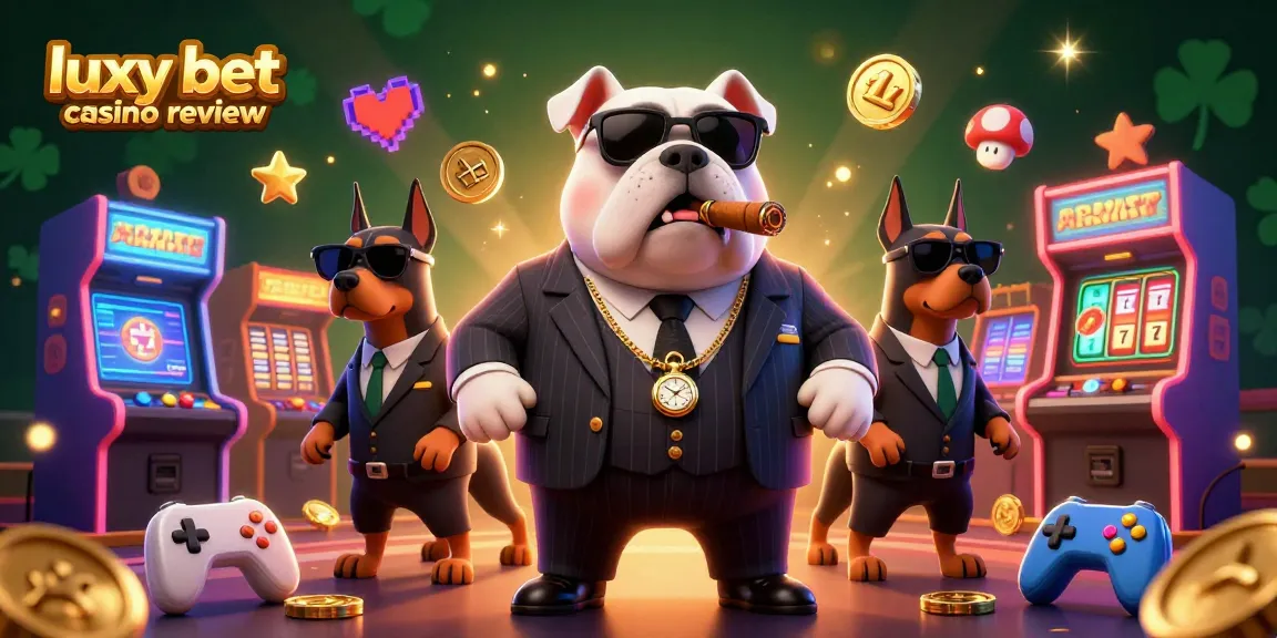 Experience the thrill of Luxy Bet Casino Review with a mafia boss and his bodyguards amid vibrant gaming elements.