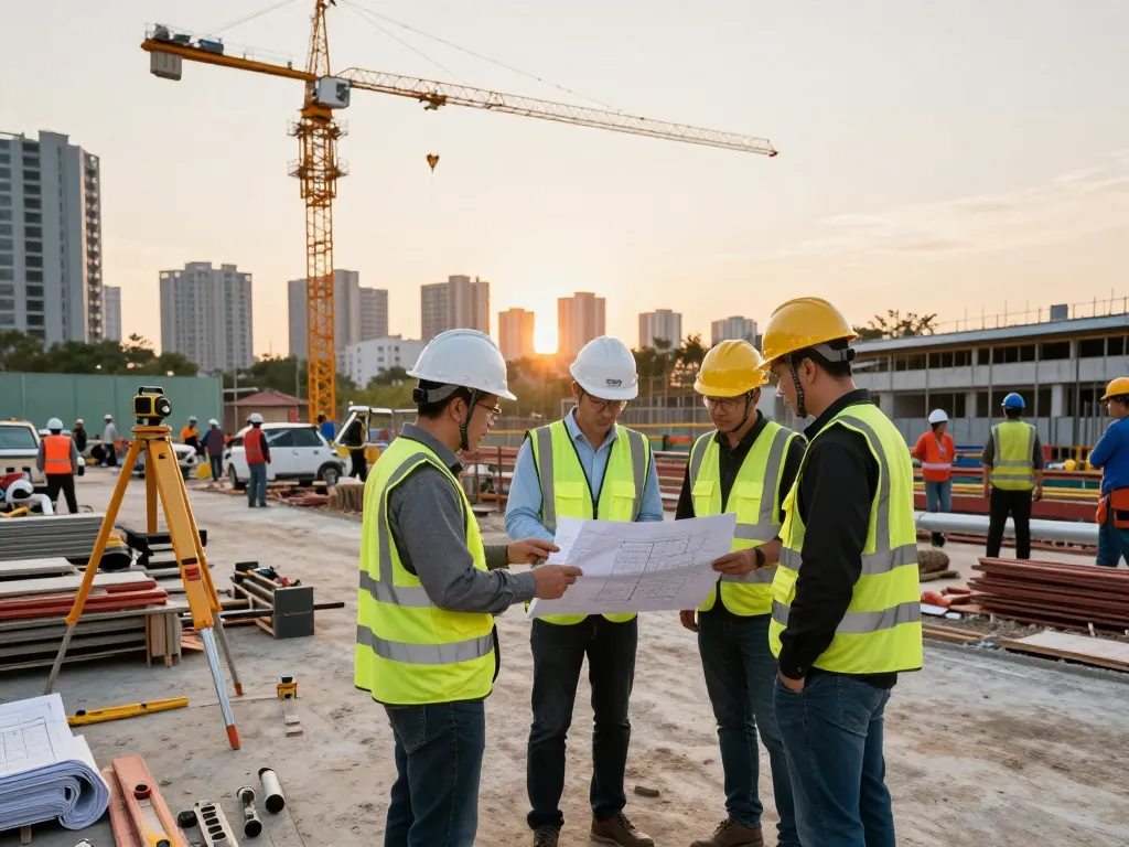 Architect reviewing plans for Five88 urban development project at sunset, showcasing construction progress and team collaboration