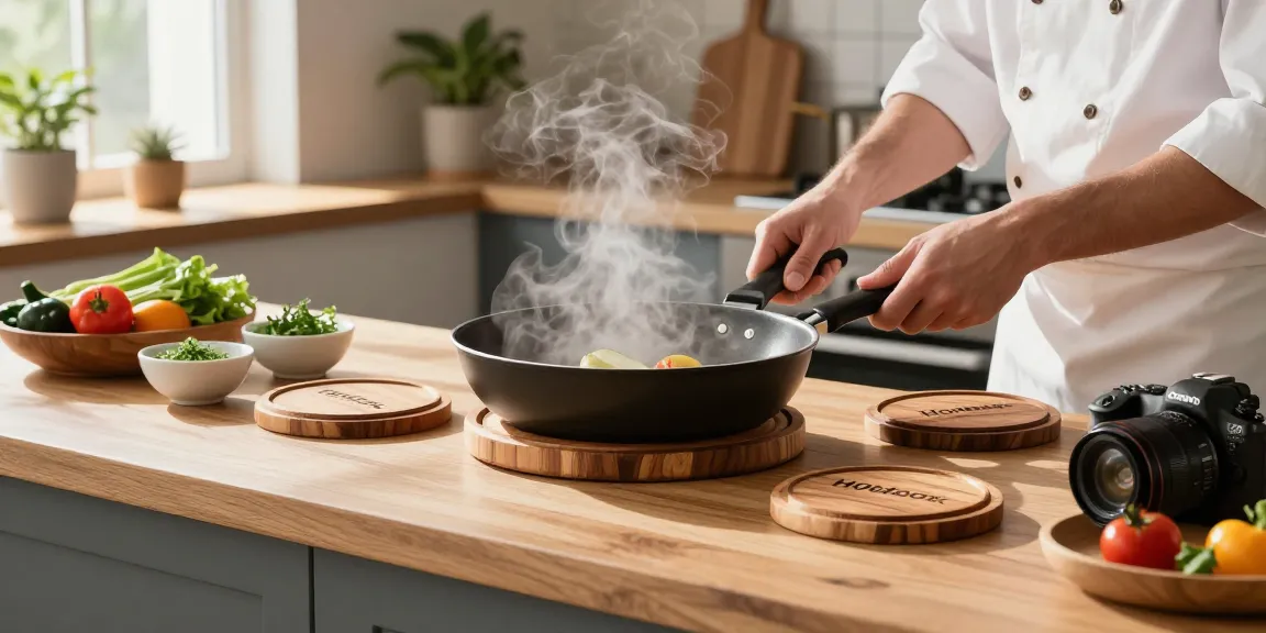 Topfuntersetzer aus Holz, die in einer gemütlichen Küchenumgebung mit frischen Zutaten und natürlichem Licht präsentiert werden.