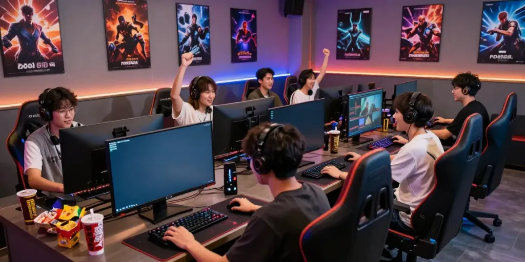 Group of gamers enjoying rokok88 video games in a colorful lounge.