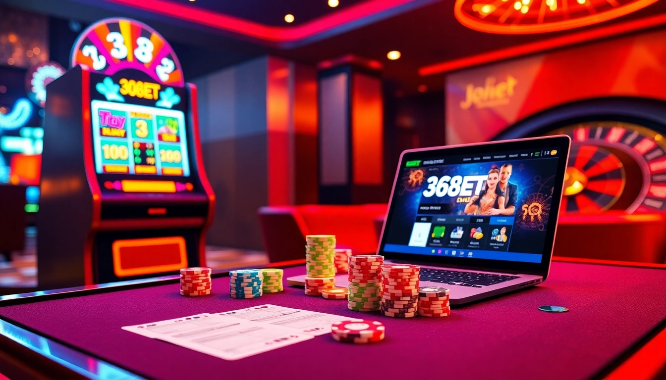 Exciting gaming scene at 368BET with vibrant slot machines, poker chips, and live casino atmosphere.