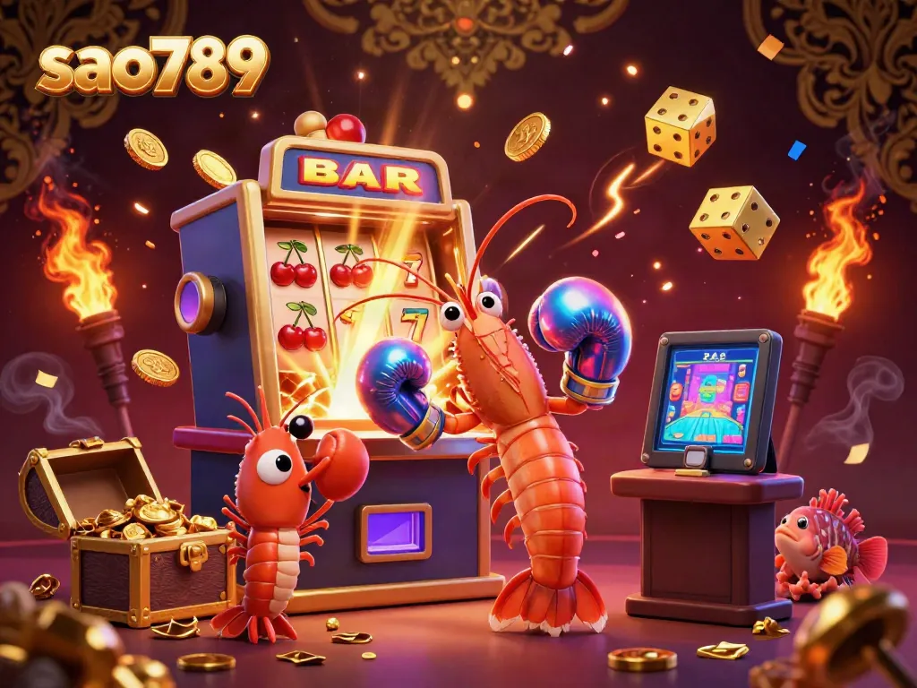 Sao789 showcases vibrant game elements amidst cartoon characters in an engaging casino scene.