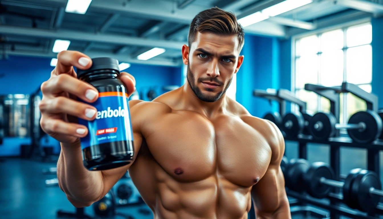Der trenbolon preis wird neben einem athletischen Sportler in einem modernen Fitnessstudio hervorgehoben.