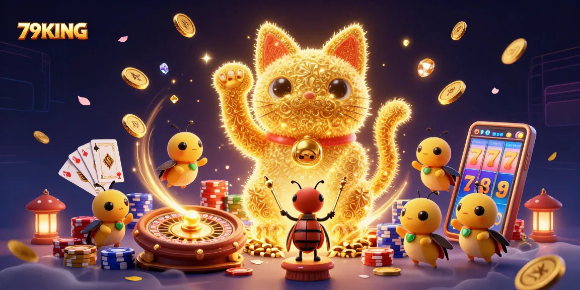 Experience winning possibilities at 79KING with a vibrant casino-themed illustration.
