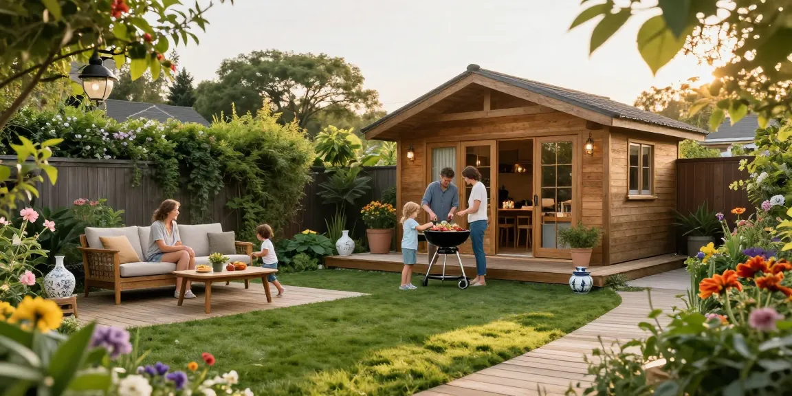 Gartenhaus kaufen - ein stilvolles Gartenhaus umgeben von Blumen im sonnigen Garten, ideal für Familienfeiern.