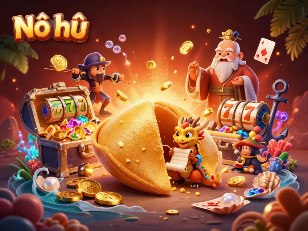 Win big with Nổ hũ as golden fortune cookie characters and slot game elements collide in a vibrant scene.