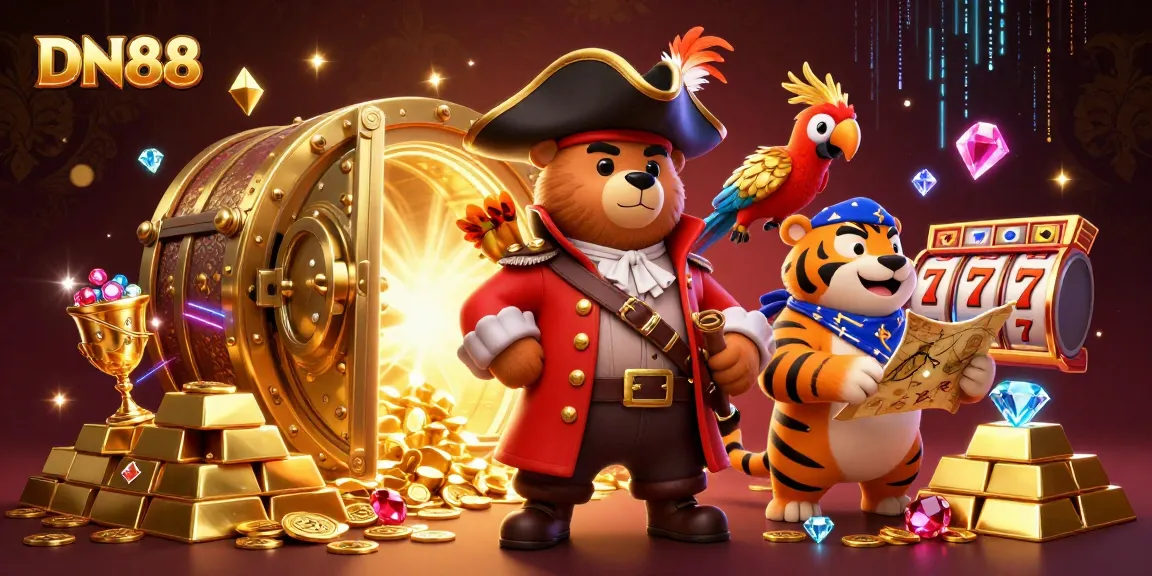 Experience the excitement of gambling at DN88 with a dynamic pirate-themed scene filled with treasure and gaming elements.