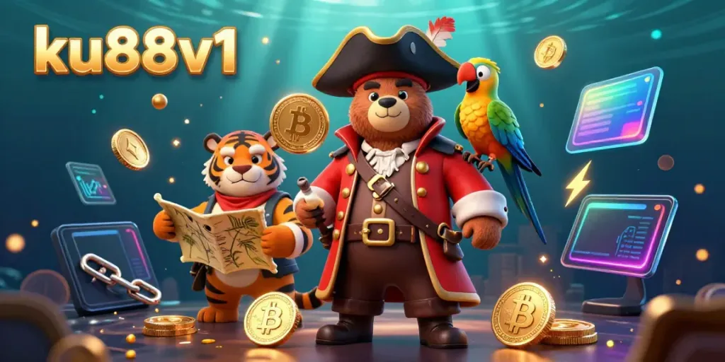 The ku88v1 casino scene showcases a 3D pirate bear captain, a tiger, and a parrot amid crypto elements.