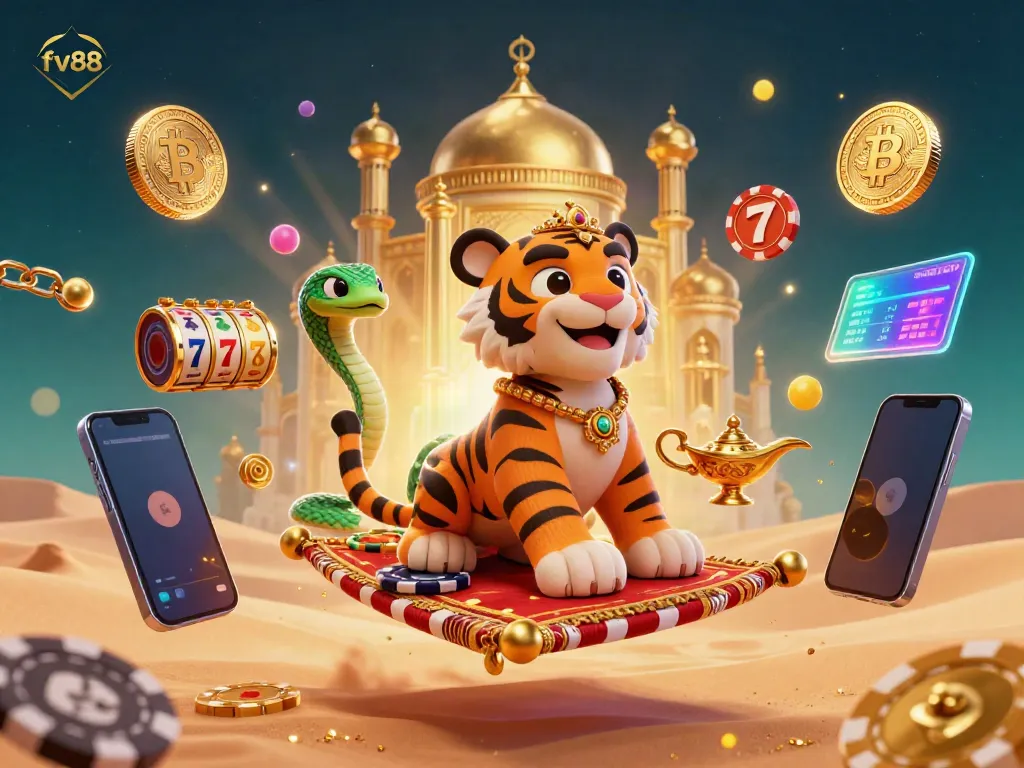 Experience the vibrant world of fv88 with a tiger sultan on a carpet of poker chips, illustrating dynamic slots and crypto elements.