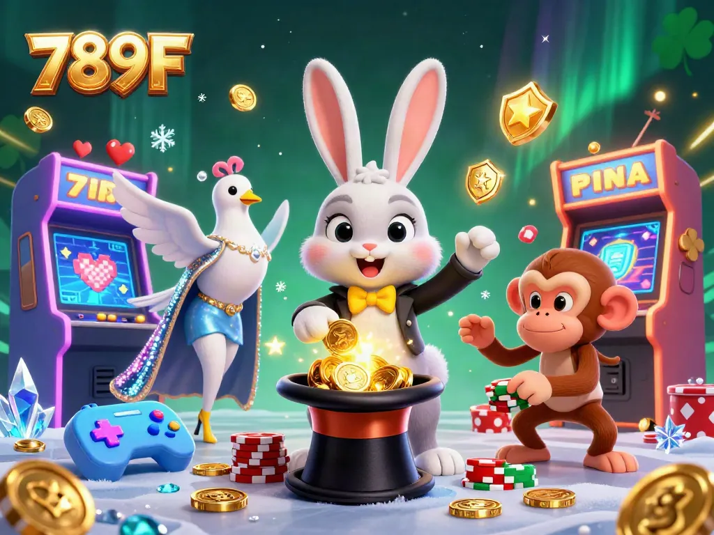 Visualize the magician rabbit from 789F pulling coins and cards amidst a vibrant casino scene.
