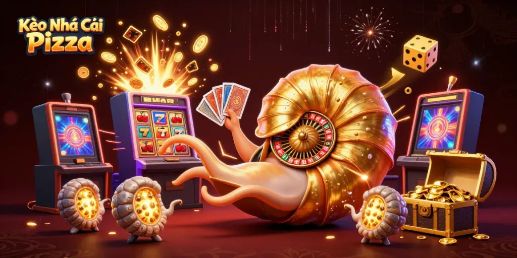 Engage with Kèo Nhà Cái Pizza in a vibrant 3D casino illustration featuring a giant nautilus roulette wheel.