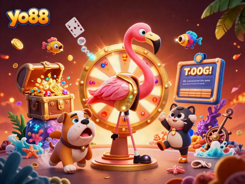 Experience thrilling gameplay at yo88 with a vibrant scene showcasing a flamingo host and interactive game elements.