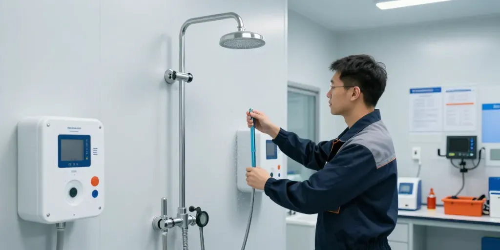High-quality image of an innovative industrielle Notdusche in an industrial lab