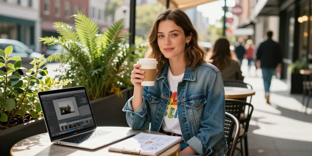 Brianna Lyman age and height captured at a café, showcasing a relaxed urban lifestyle.