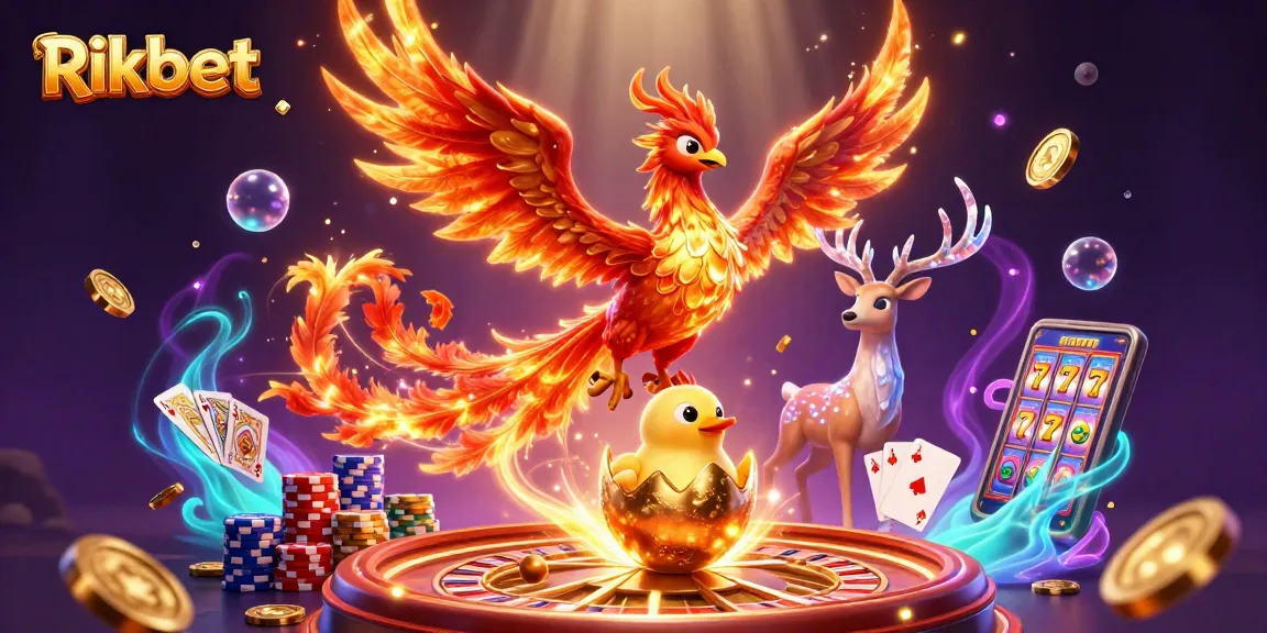 Rikbet showcases a vibrant 3D scene with a phoenix, casino elements, and action-packed energy.