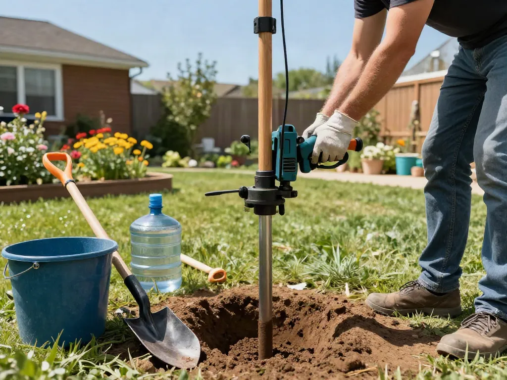 DIY Brunnenbohrungen im Garten mit manuellem Bohrer und Werkzeugen.