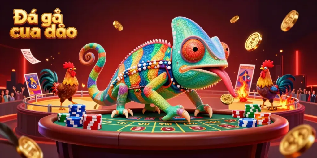 Engaging scene of Đá gà cựa dao featuring a colorful chameleon casino owner at a cockfighting arena, capturing the excitement of betting.