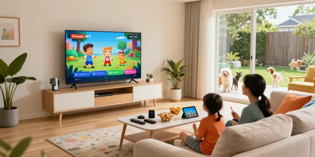 Familie schaut Dreamtv IPTV im modernen Wohnzimmer mit einem großen Smart-TV.