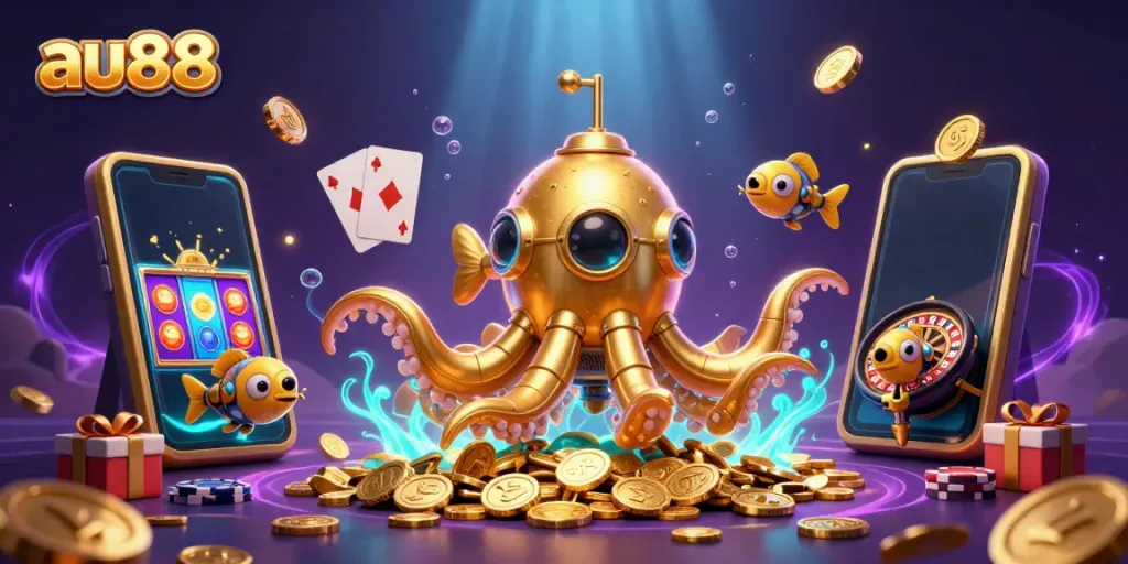 Experience thrilling gameplay with au88's interactive casino scene, featuring a golden kraken and vibrant game elements.