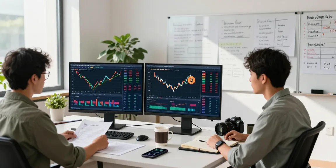 Aktuelle Krypto-Studien und Marktanalysen in modernem Büro mit Charts und Statistiken.