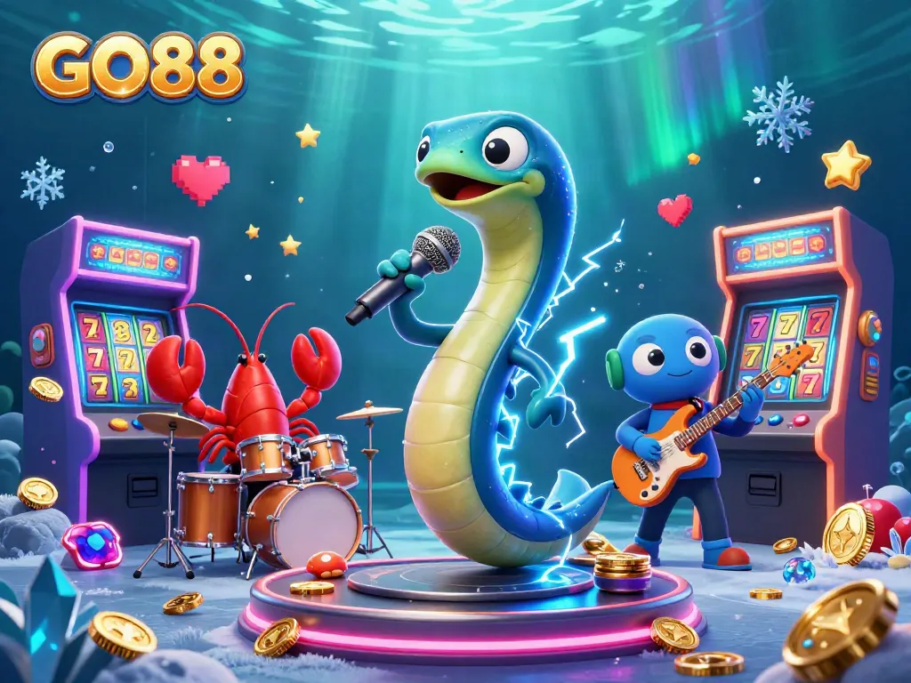 Engage in thrilling gameplay with GO88's electric eel DJ amidst an underwater casino adventure.