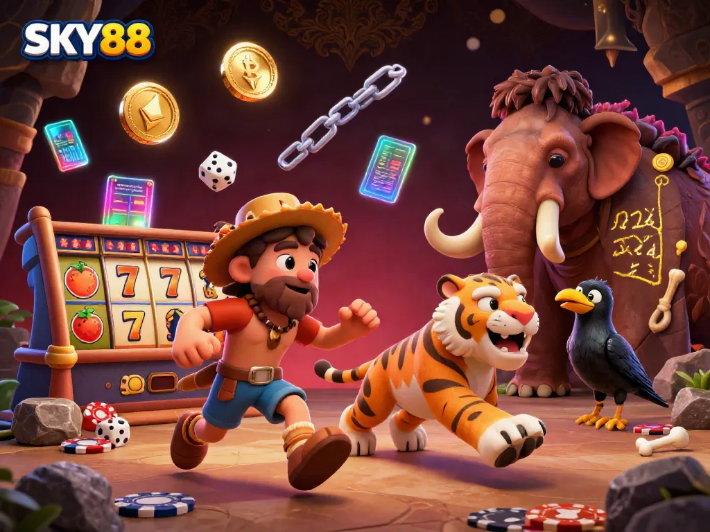 SKY88 brings excitement alive in a prehistoric casino with vibrant slot reels and glowing coins.