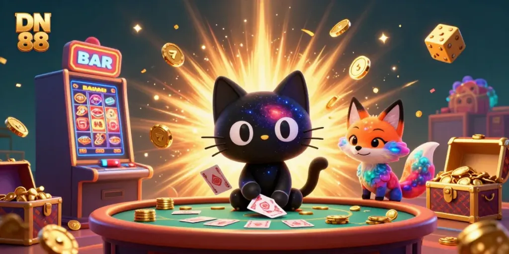 Experience the thrill of DN 88 with a cosmic casino scene filled with vibrant gaming elements and colorful characters.