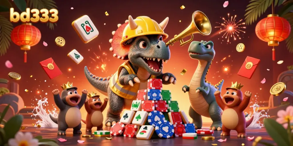 Experience the thrill of bd333 with a triceratops building poker chip pyramids amidst festive celebrations.