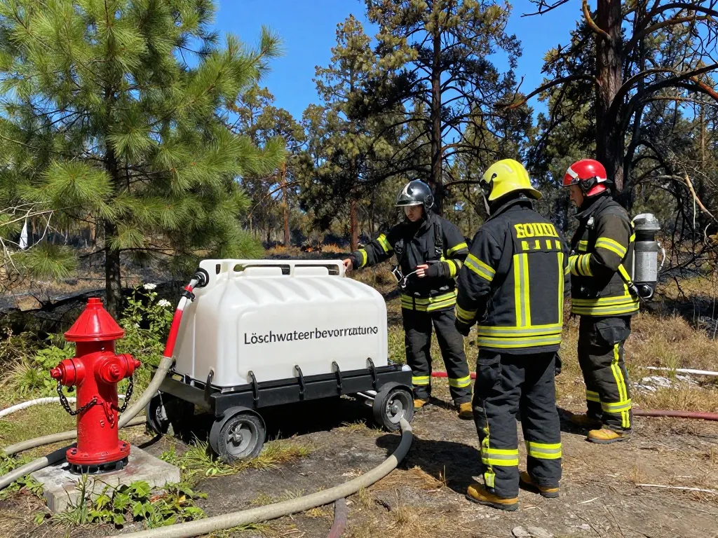 Löschwasserbevorratung Notwasserbehälter mit Feuerwehrleuten, die die Ausrüstung in einem bewaldeten Gebiet inspizieren.