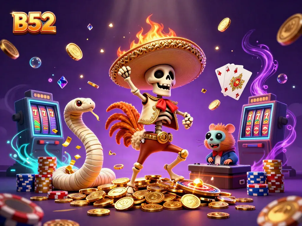 B52's festive casino scene features a mariachi rooster, mummy snake, and zombie DJ celebrating among golden coins.