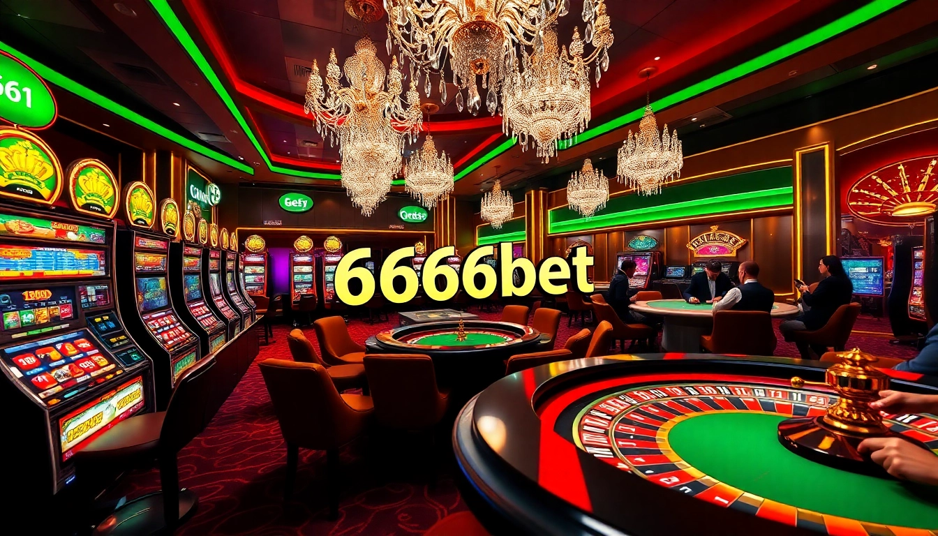 Experience the excitement at 6666bet with vibrant casino visuals showcasing engaged players, colorful slot machines, and a roulette wheel.