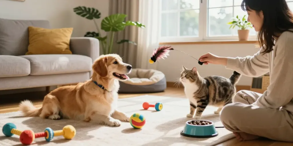Zubehör für Haustiere in einem einladenden Wohnzimmer mit Hund und Katze, die miteinander spielen.