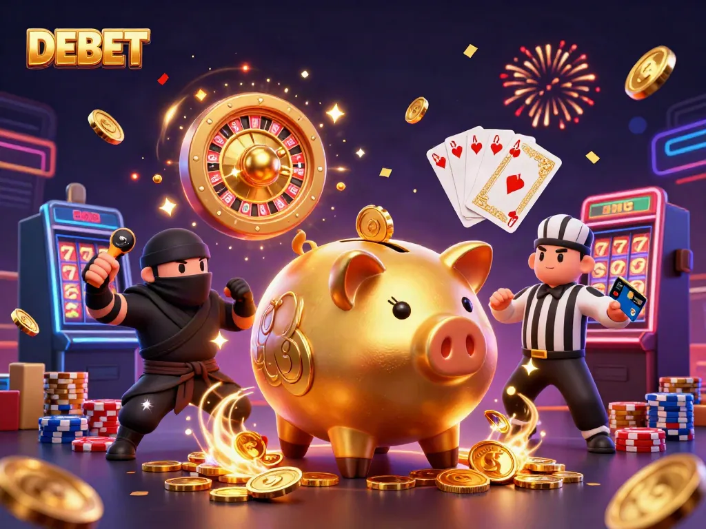 Experience winning excitement with DEBET’s golden piggy bank sumo wrestling coins and vibrant casino action
