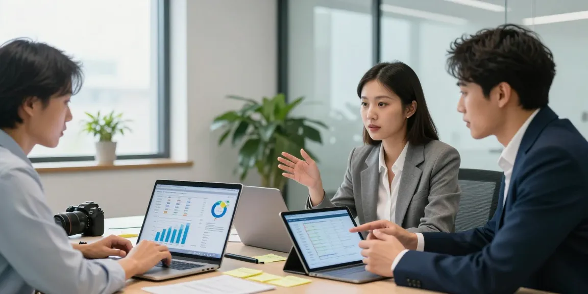 Engagiertes Team, das digitale Lösungen als Web Berater, Website Berater in modernem Büro strategisiert