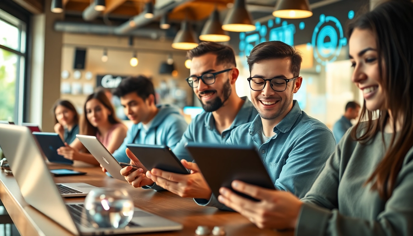 Young adults engaging with innovative 18+ ai technology in a vibrant café, showcasing excitement and collaboration.