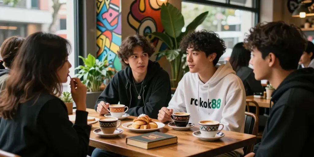 Friends enjoying a café setting, one wearing a rokok88 hoodie, creating a lively atmosphere.