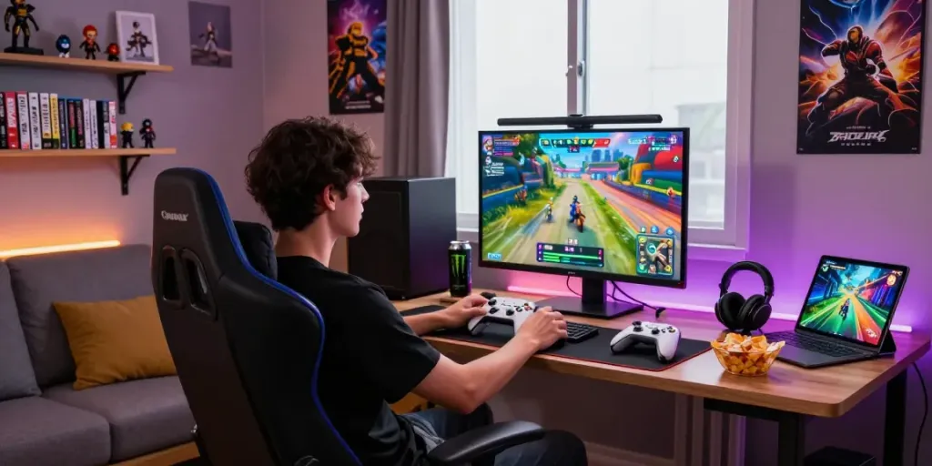 Engaging gaming lifestyle at home with rokok88 products showcasing modern accessories and ambiance.