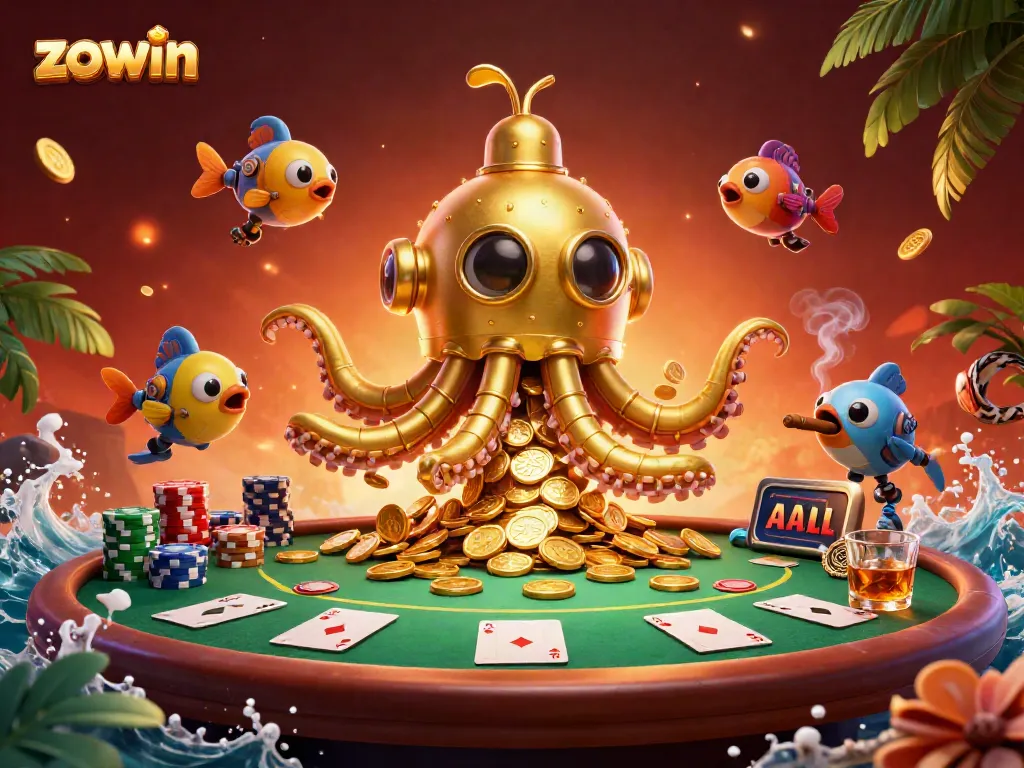 Immerse in the exciting world of zowin with a vibrant 3D casino scene featuring poker action and a golden kraken submarine.
