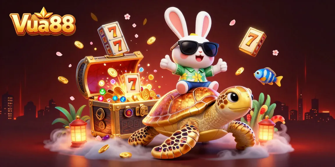 Experience the thrill of Vua88 with a vibrant illustration showcasing casino slots, treasures, and playful characters.
