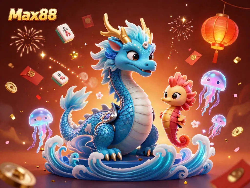 Max88 showcases a vibrant underwater scene with a water dragon and seahorse knight among festive casino elements.