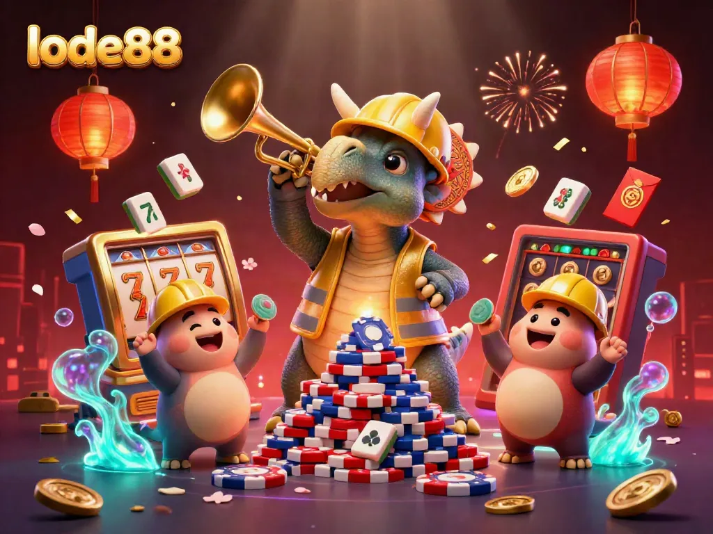 Engage in thrilling gameplay with lode88, as triceratops builds poker chips amidst vibrant casino elements.