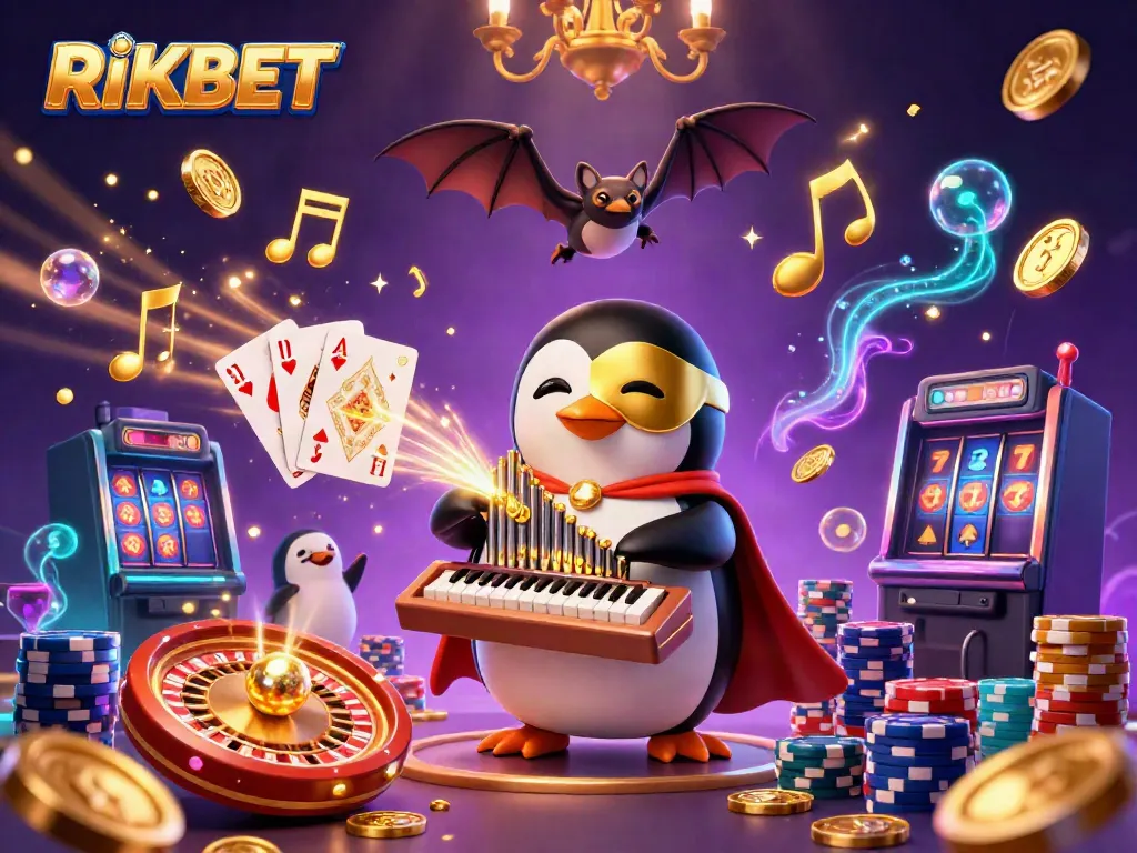 Experience the thrilling world of RIKBET with a festive 3D casino scene featuring glittering coins and vibrant game elements.