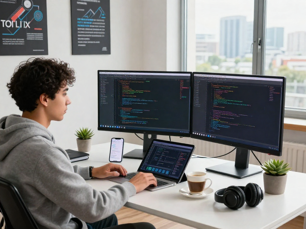 debeting app development workspace with screens, code, and coffee