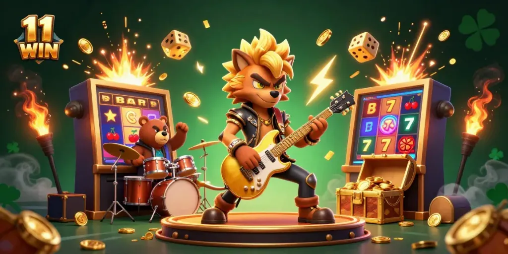 Experience thrilling wins at 11 WIN with our vibrant and action-packed casino illustration.