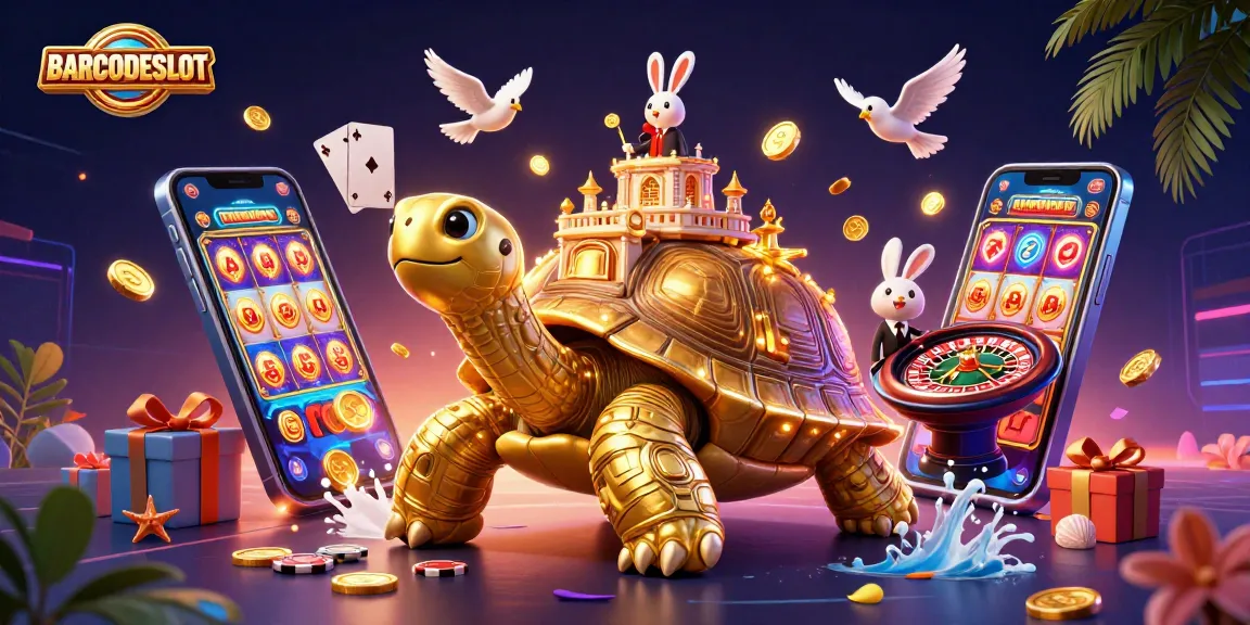 Engage with BARCODESLOT in a vibrant 3D casino world with dynamic slot games and festive elements.
